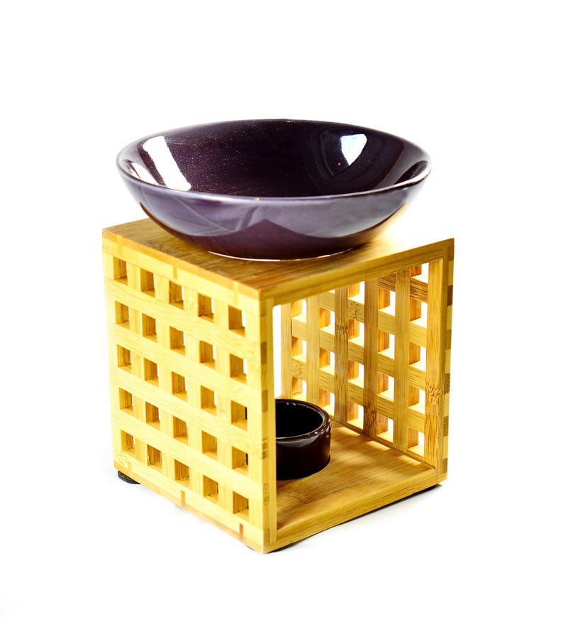 Duftlampe Holzuntersatz, Gittermuster, eckig 3teilig, Schale bordeaux, Fair Trade GA