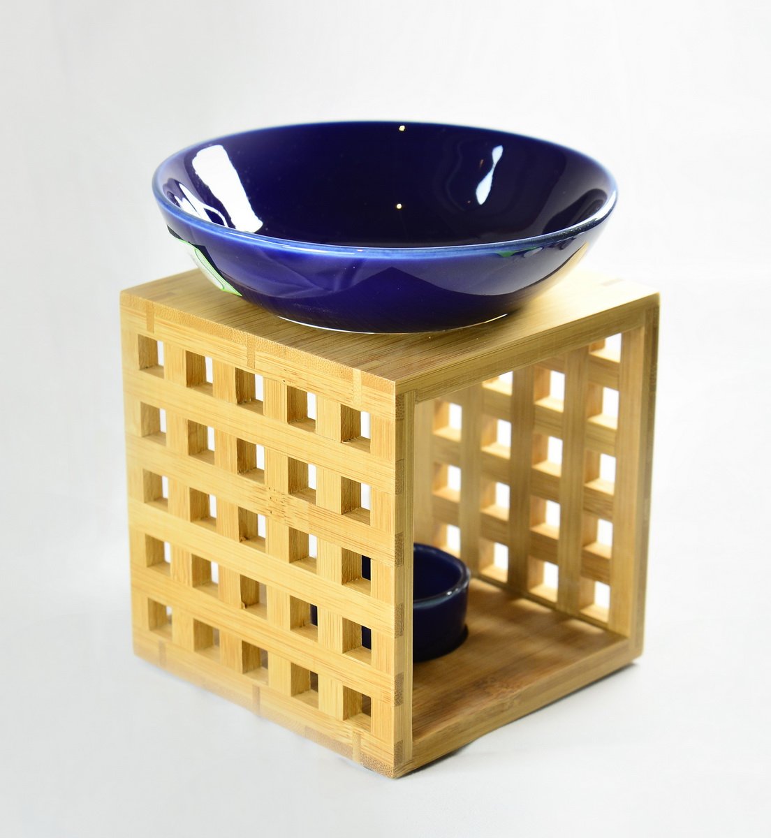 Duftlampe Holzuntersatz, Gittermuster, eckig 3teilig, Schale blau, Fair Trade GA