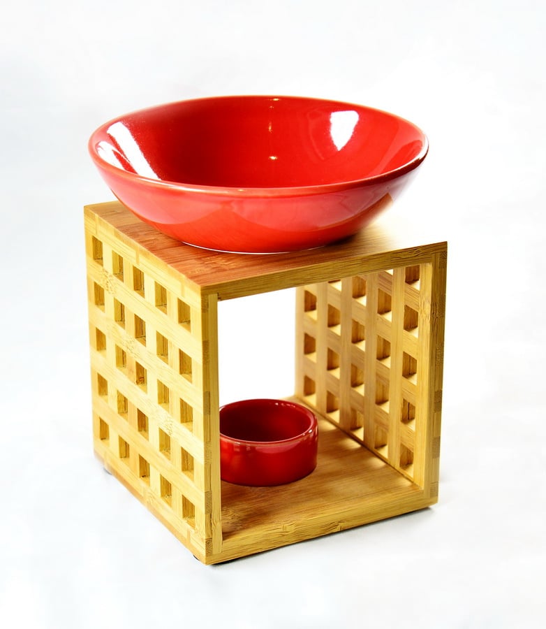 Duftlampe Holzuntersatz, Gittermuster, eckig 3teilig, Schale rot, Fair Trade GA