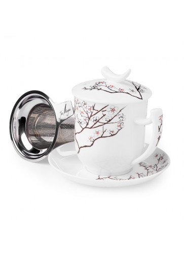 Porzellan Tee-Tasse "Kirschblüte" mit Untertasse und Edelstahlfilter