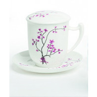 Porzellan Tee-Tasse mit Untertasse und Edelstahlfilter, weiß, Kirschblütendekor