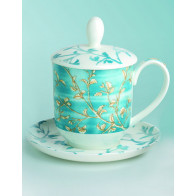 Porzellan Tee-Tasse mit Untertasse und Edelstahlfilter, blau, Goldzweige Dekor