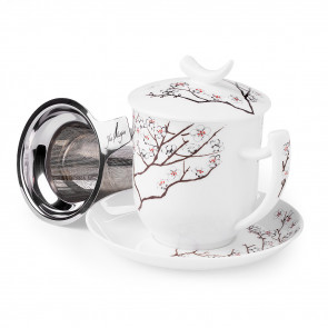 Porzellan Tee-Tasse "Kirschblüte" mit Untertasse und Edelstahlfilter