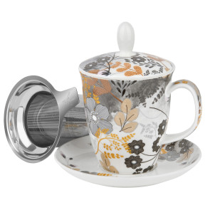 Porzellan Tee-Tasse "Blütentraum" mit Untertasse und Edelstahlfilter