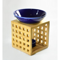 Toneellamp houten basis, rasterpatroon, vierkant 3-delig, blauwe schaal, Fair Trade GA