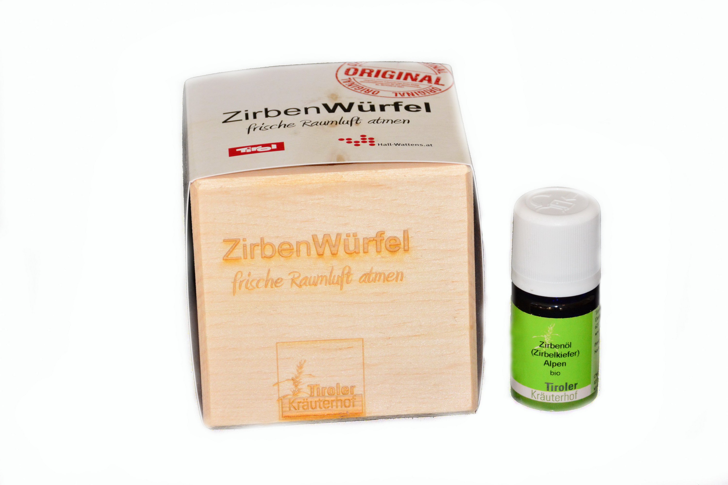 Original Zirbenwürfel mit Zirbenspänen und hochwertigem ätherischem Zirbenöl (10ml)