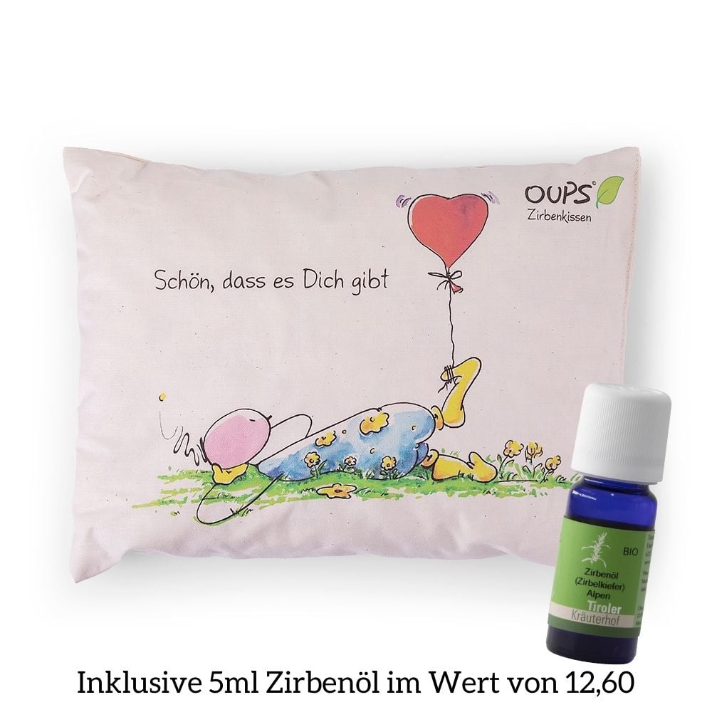 Tiroler-Kräuterhof - Zirbenkissen "Schön, dass es Dich gibt" im Set mit 5ml Zirbenöl